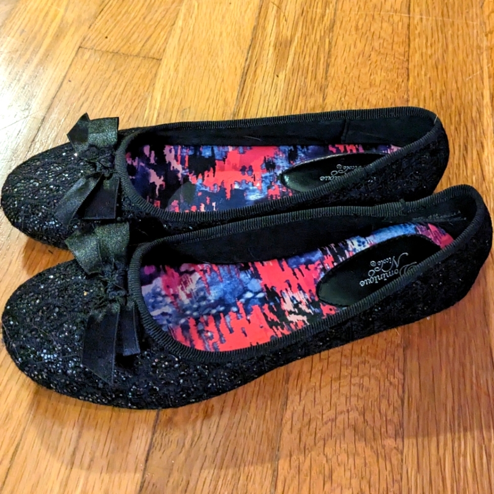 Girls Black Sparkle Flats Size 4